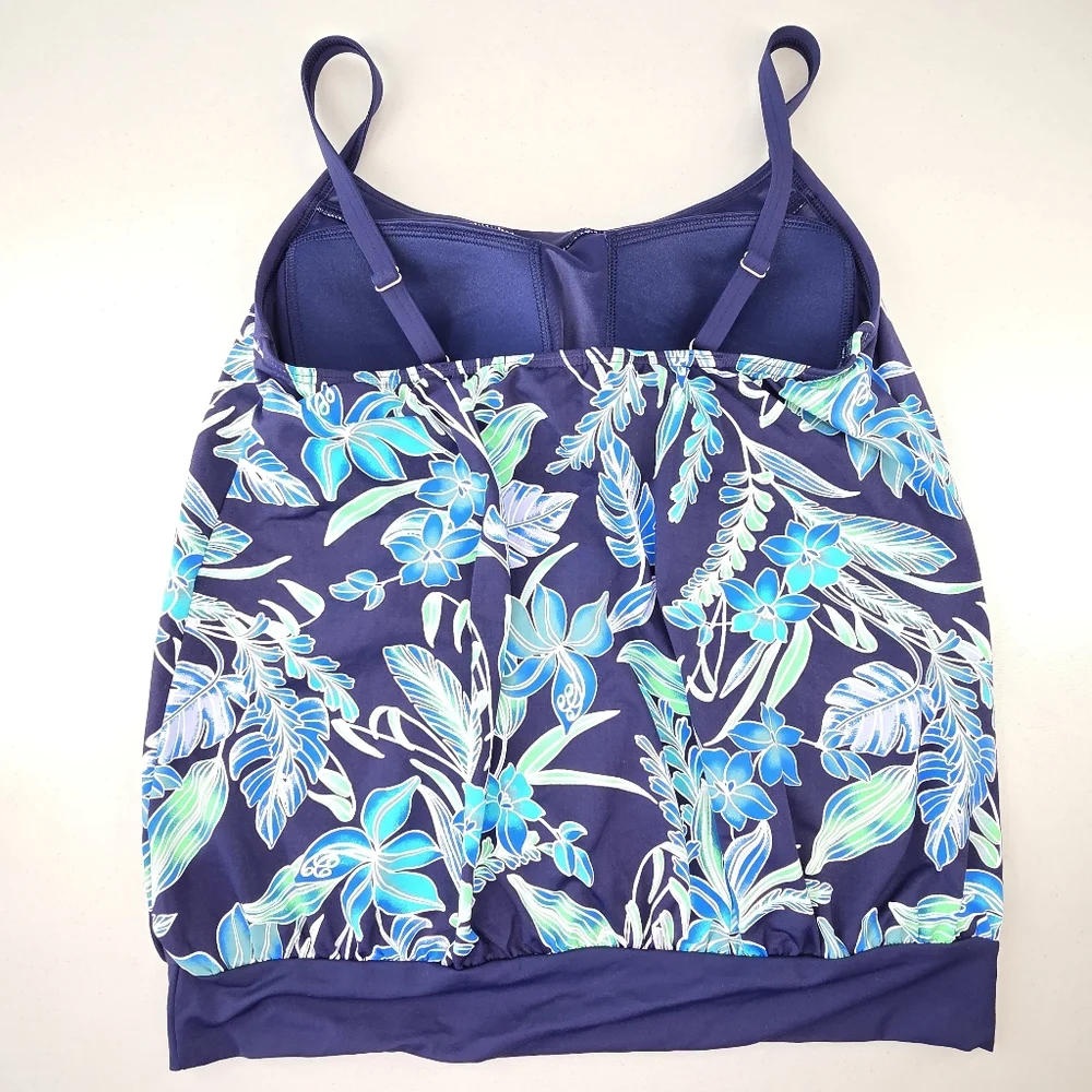 Lands’ End Blouson Tankini Top Built-In Bra Deep Sea/Sealily Floral Size 8 NWT